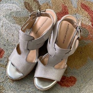 Antonio Melani Silver Cork Heel Ankle Sandal